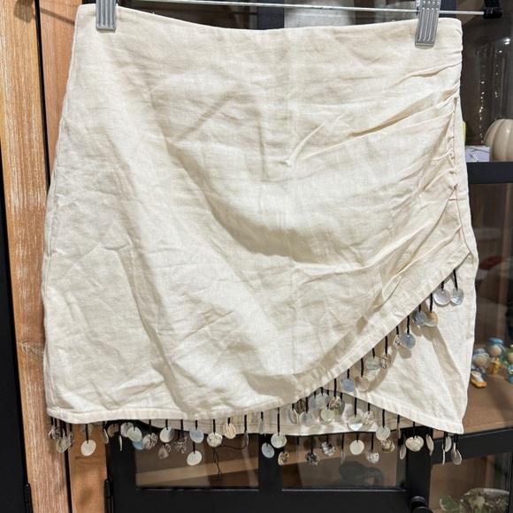 Zara Linen skirt coins embellished wrap mini beige sand tassels high waisted - Picture 2 of 11